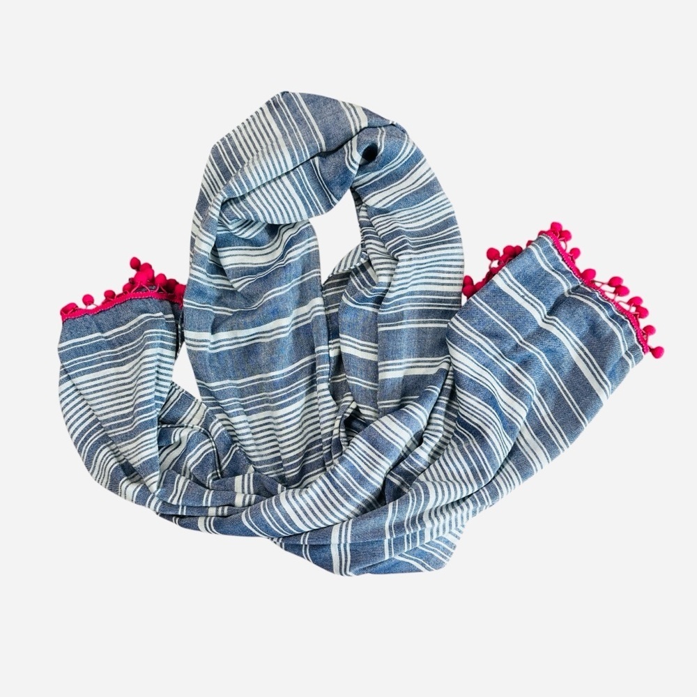 Blue and white striped spring summer scarf with pink pom pom trim - Picture 4 of 5